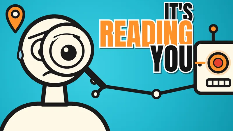 Doodle of Sam peering through a magnifying glass while a robot reads his location and data