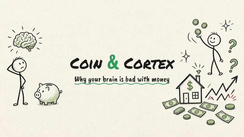 Coin & Cortex doodle banner with Sam and a set of scales weighing coins