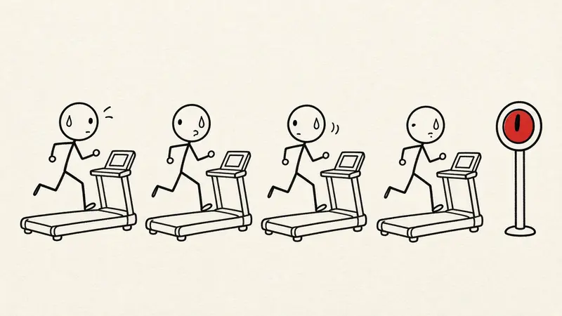 Doodle of four stick figures running on treadmills next to a big red stop sign
