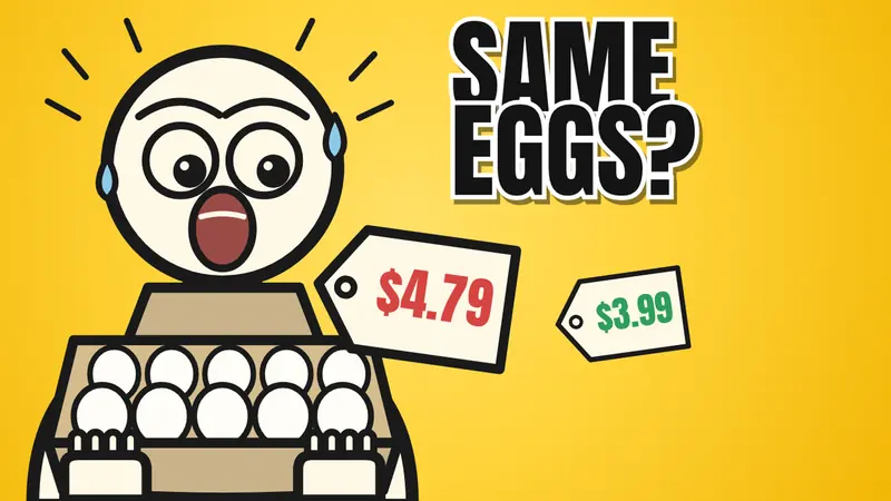 A doodle of the same carton of eggs shown with different price tags for different shoppers