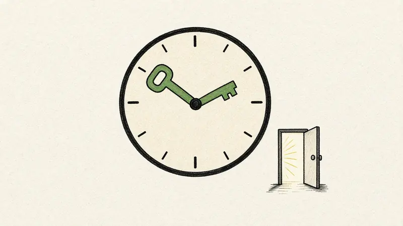 Doodle of a wall clock whose single hand is a key, beside an open door with daylight streaming through