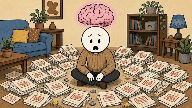 Doodle of a worried round-headed character with a big pink brain, sitting on the floor surrounded by piles of unpaid bills
