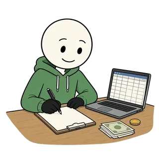 Sam, the Coin & Cortex doodle character, sitting at a desk filling in a money tracker