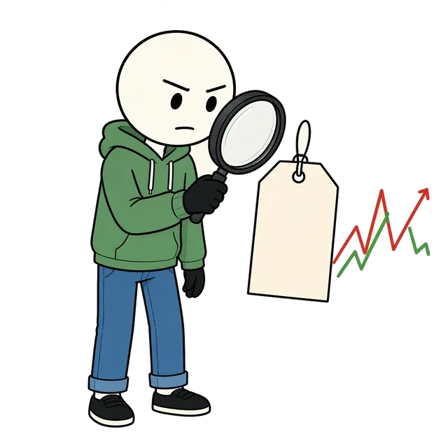 Sam, a friendly round-headed doodle character in a green hoodie, inspecting a price tag with a magnifying glass